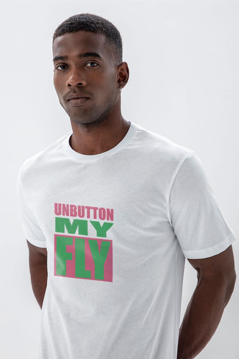 White Soft Fabric Unbutton my fly Design Short Sleeve Tee