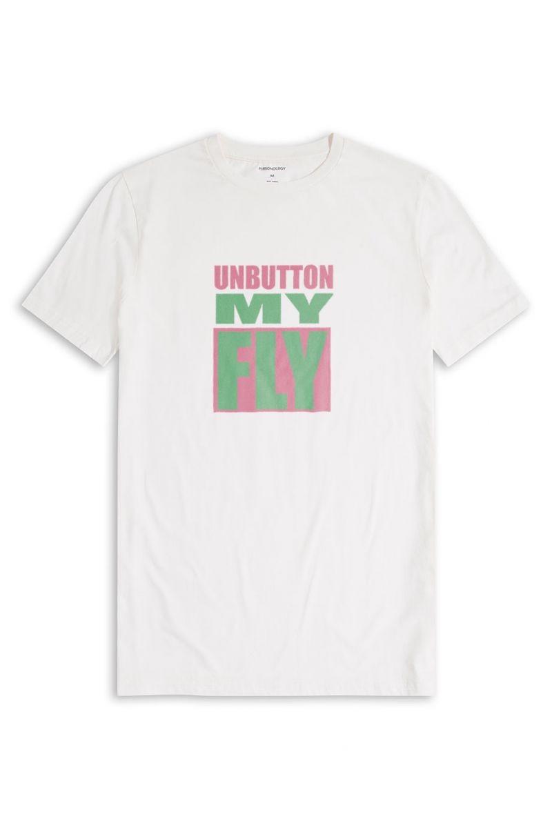 Off White Soft Fabric Unbutton my fly Design Short Sleeve Tee