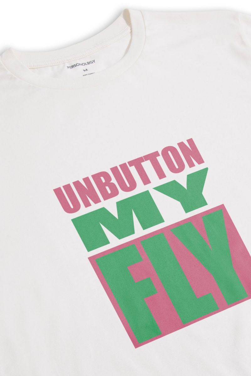 Off White Soft Fabric Unbutton my fly Design Short Sleeve Tee