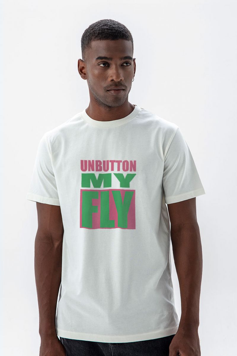 Off White Soft Fabric Unbutton my fly Design Short Sleeve Tee