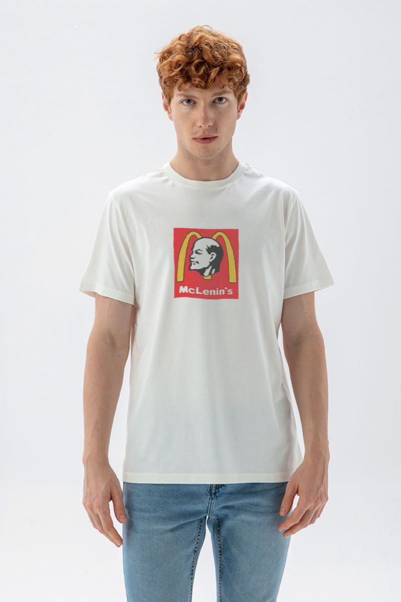 Off White Soft Fabric Mc Lenin's Design Short Sleeve Tee