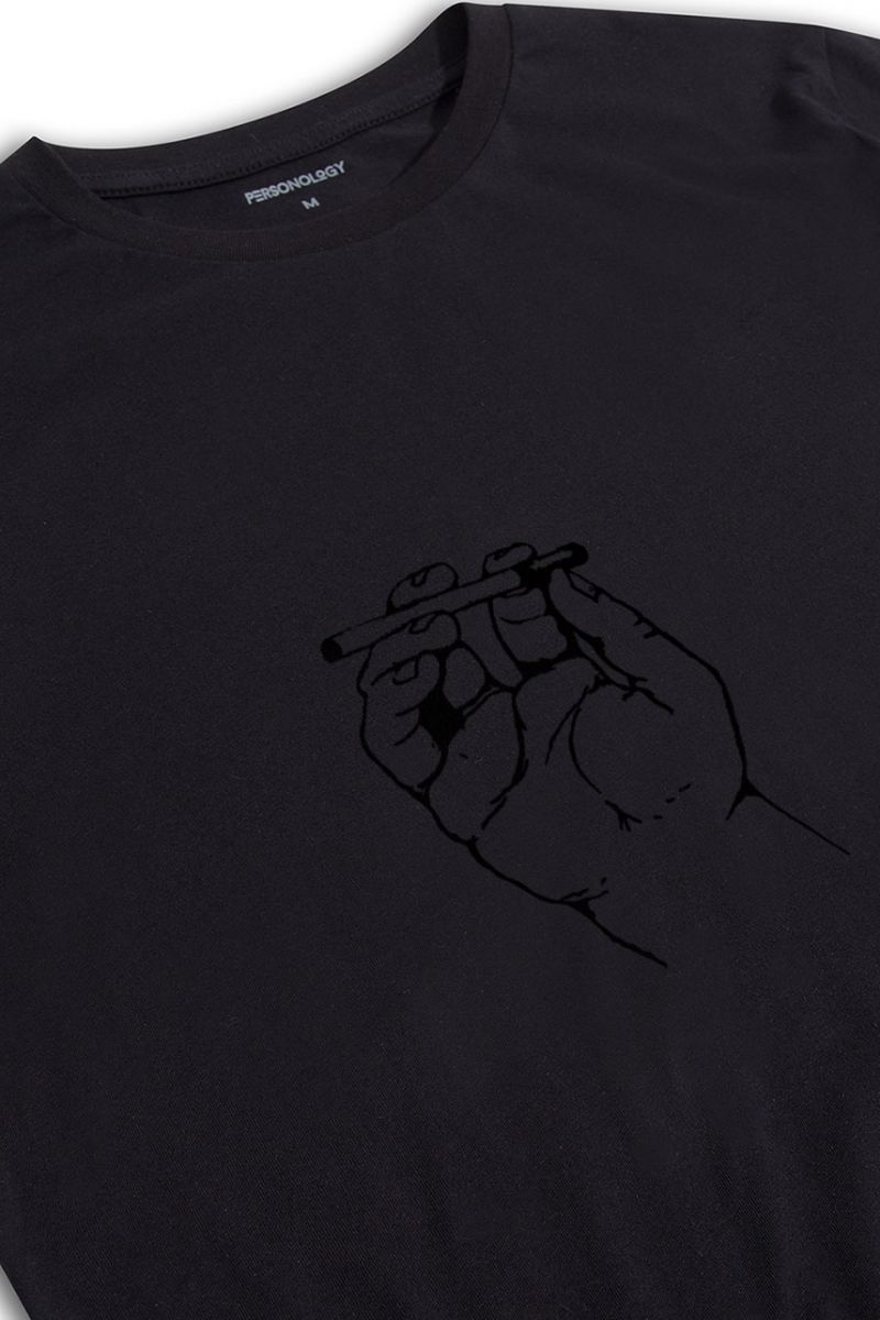 Black Soft Fabric Play wirh cigarette Design Short Sleeve Tee