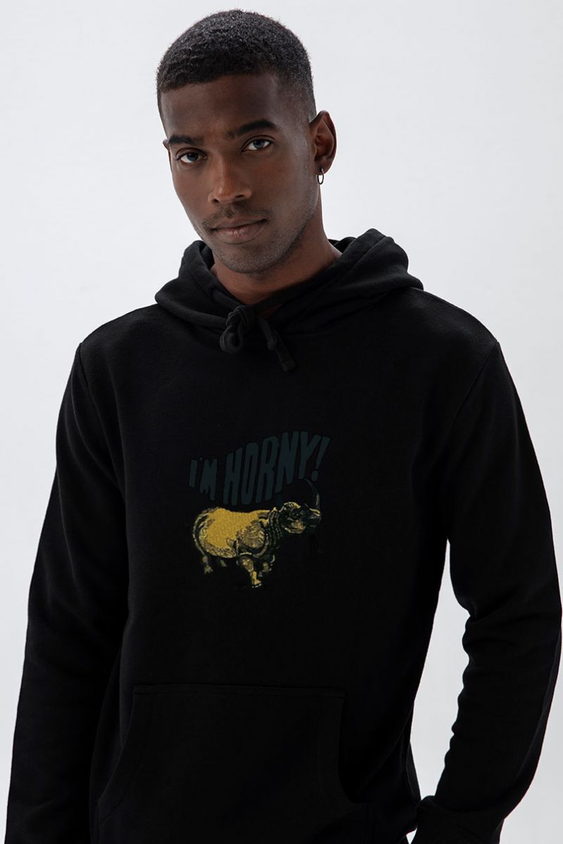 Black Premium Cotton I am horny Design Pullover Hoodie