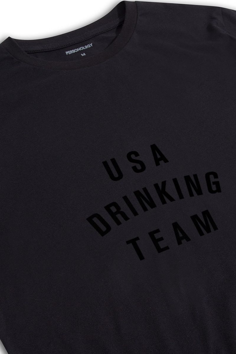 Black Soft Fabric USA Drinking Team Design Short Sleeve Tee