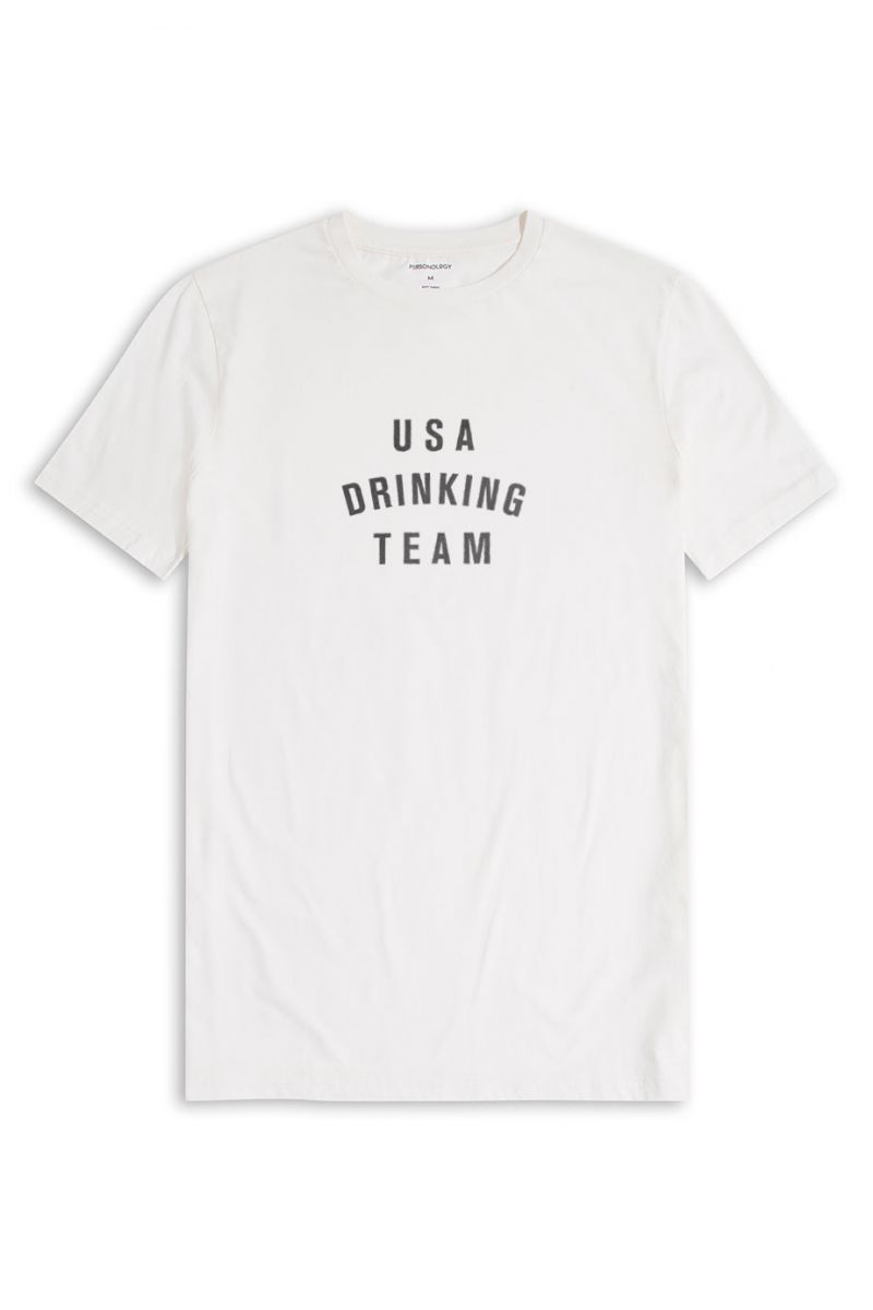 Off White Soft Fabric USA Drinking Team Design Short Sleeve Tee