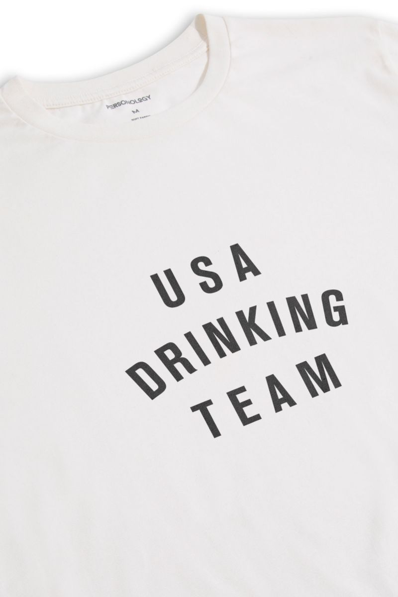 Off White Soft Fabric USA Drinking Team Design Short Sleeve Tee