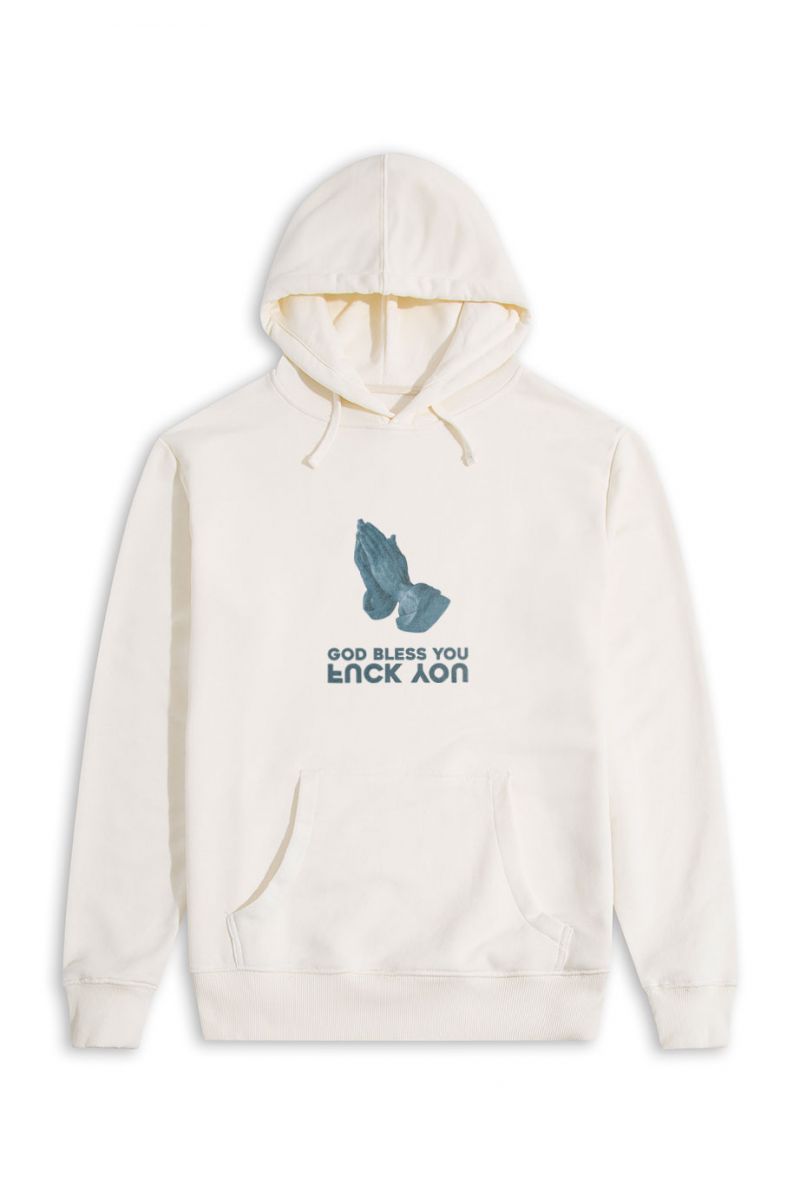 Ecru Premium Cotton God bless you , F**k you Design Pullover Hoodie