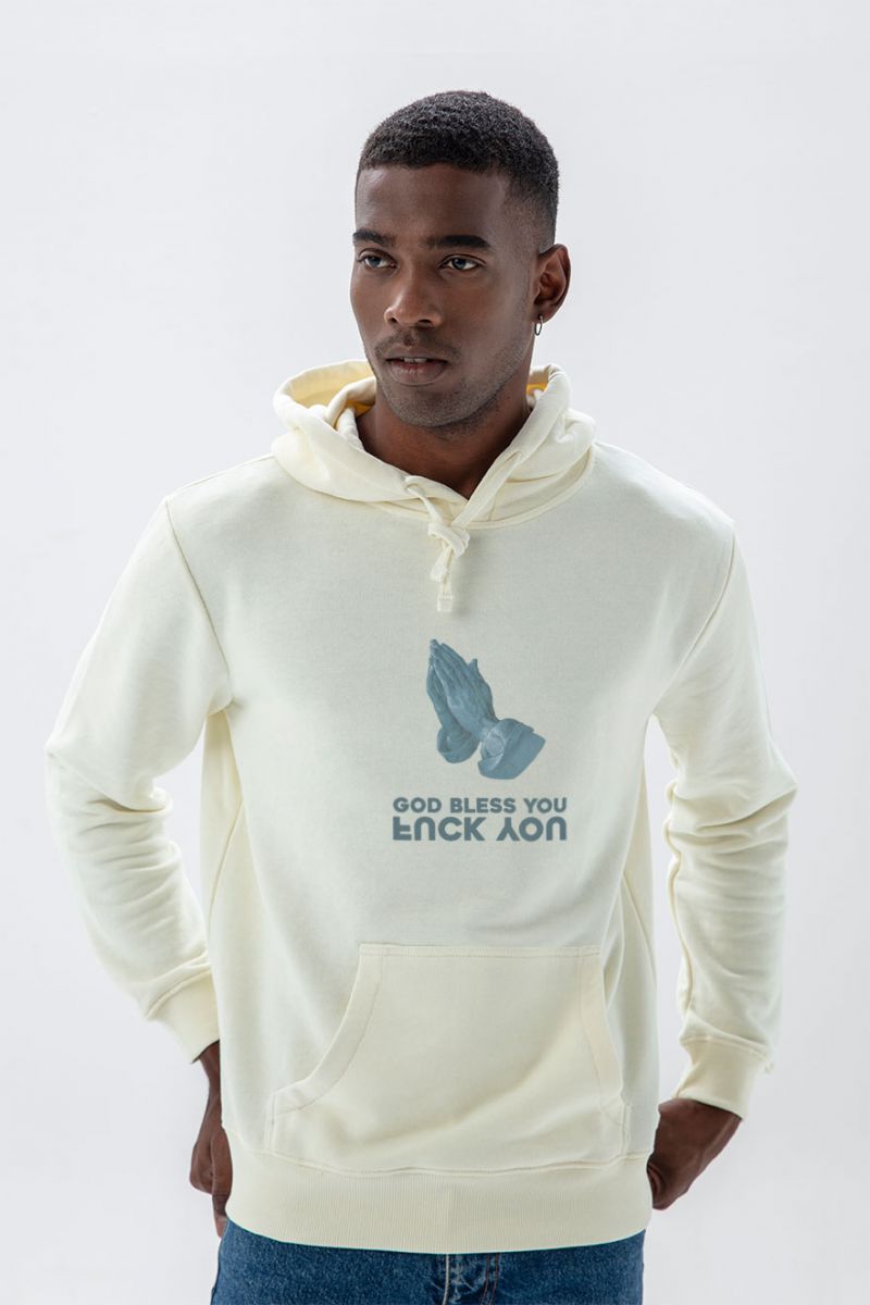 Ecru Premium Cotton God bless you , F**k you Design Pullover Hoodie