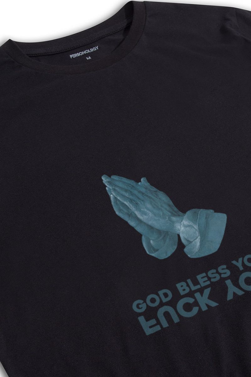 Black Soft Fabric God bless you , F**k you Design Short Sleeve Tee