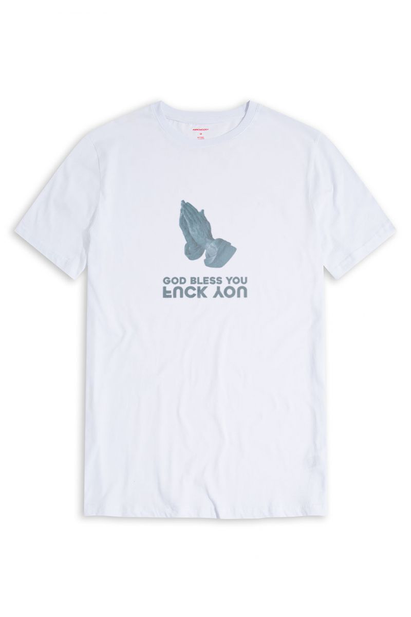 White Soft Fabric God bless you , F**k you Design Short Sleeve Tee