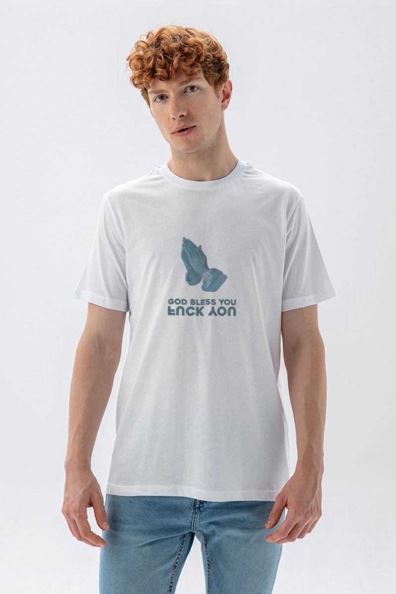 White Soft Fabric God bless you , F**k you Design Short Sleeve Tee