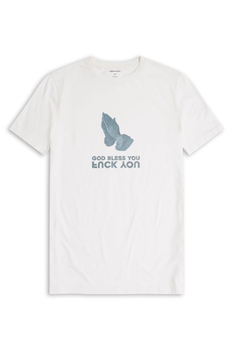 Off White Soft Fabric God bless you , F**k you Design Short Sleeve Tee