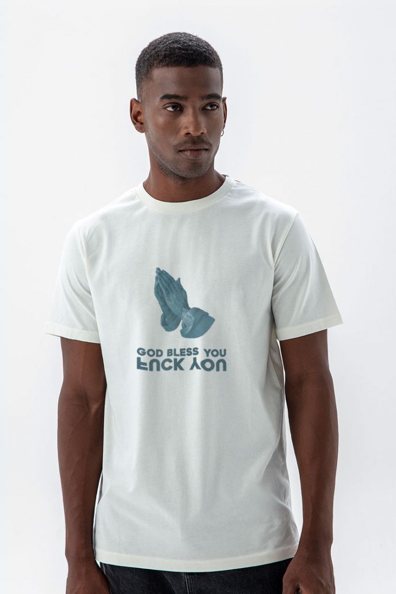 Off White Soft Fabric God bless you , F**k you Design Short Sleeve Tee