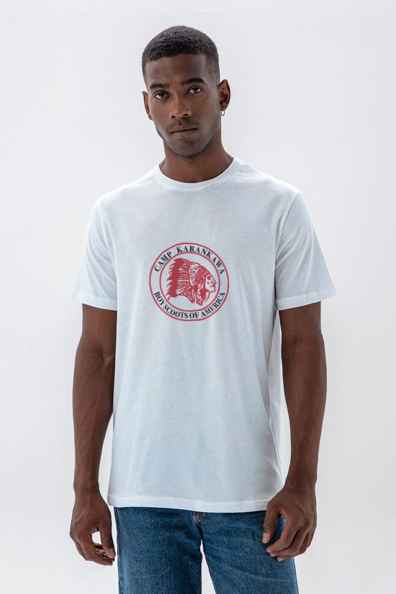 White Soft Fabric Camp Karankawa , Boyscoots of America Design Short Sleeve Tee