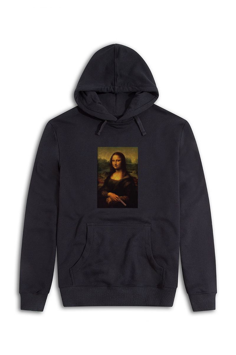 Black Premium Cotton Monalisa with cigar Design Pullover Hoodie