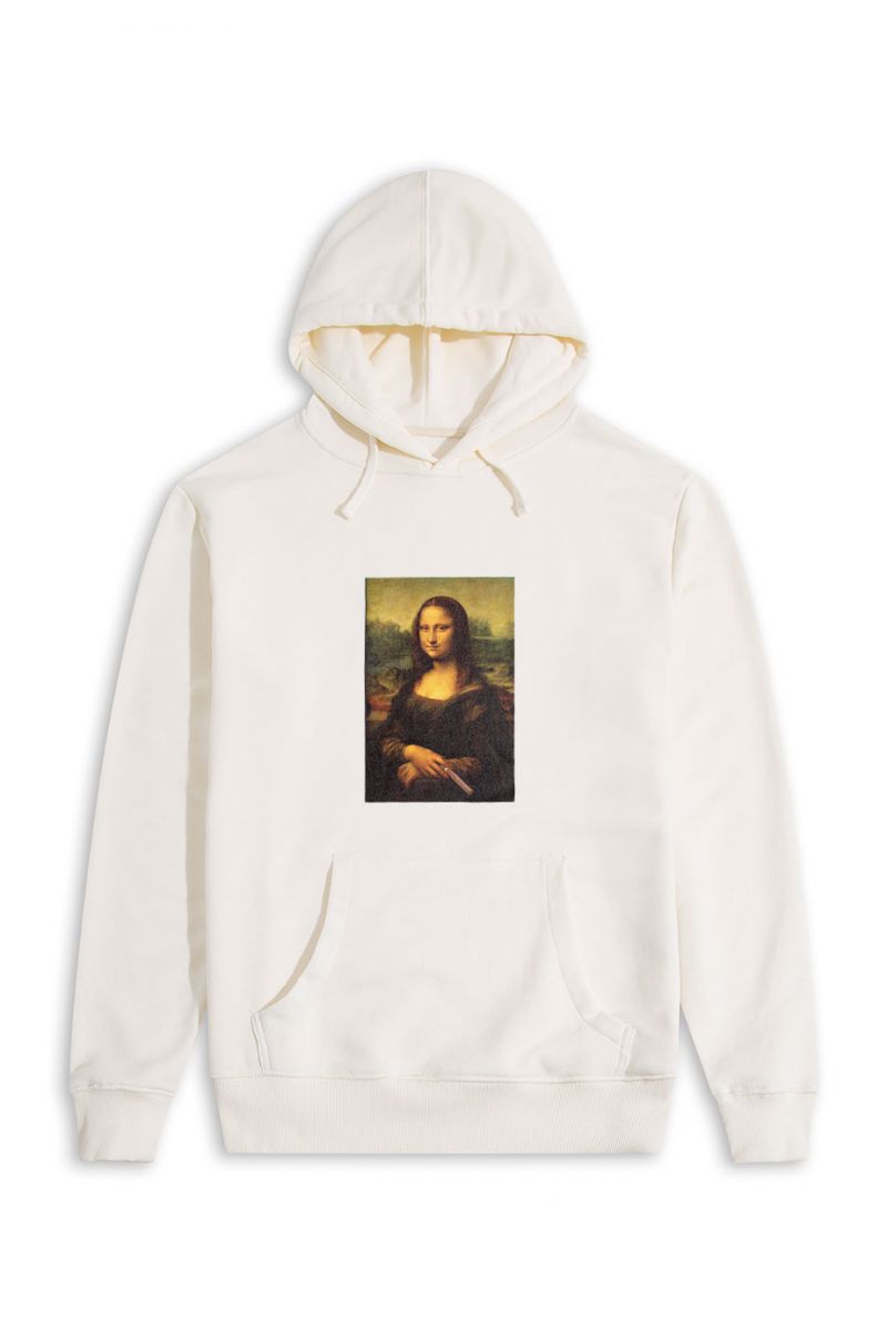 Ecru Premium Cotton Monalisa with cigar Design Pullover Hoodie