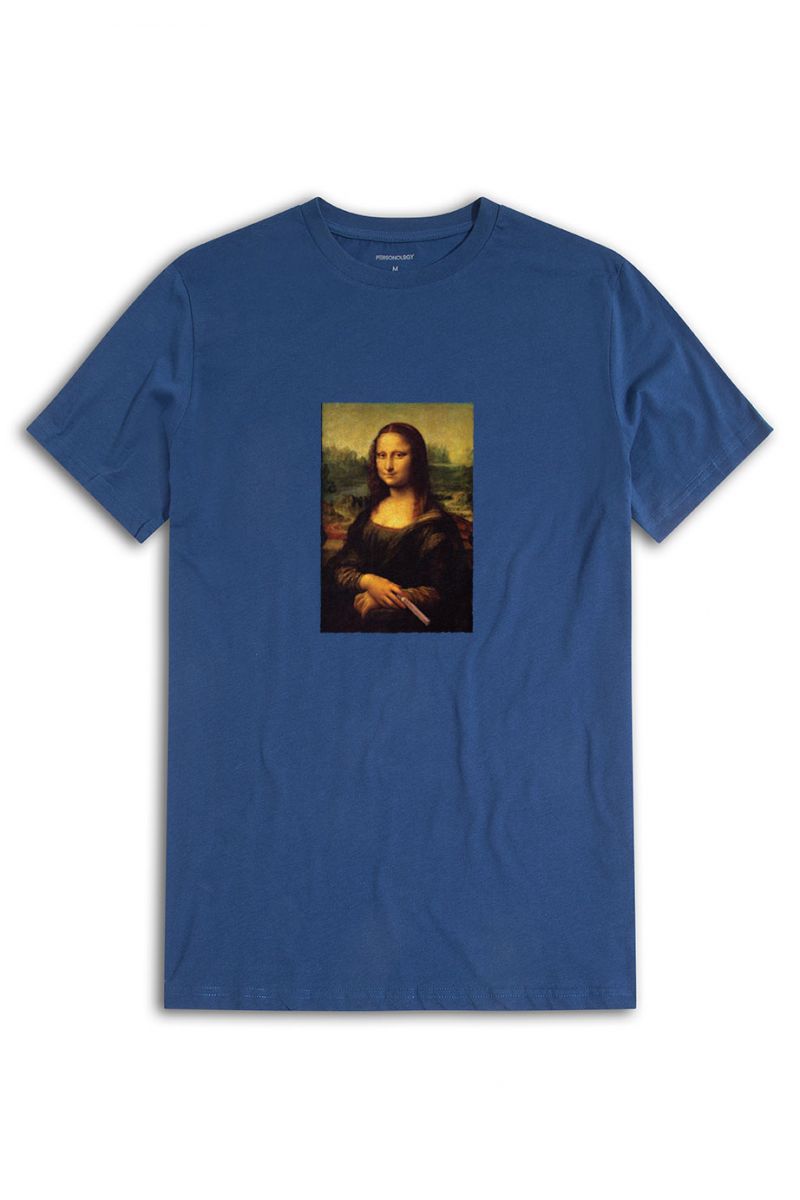 Navy Soft Fabric Monalisa with cigar Design Short Sleeve Tee