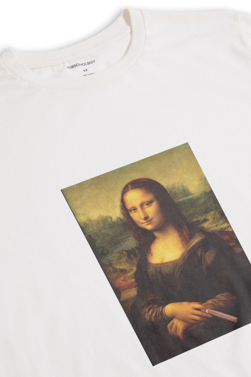 Off White Soft Fabric Monalisa with cigar Design Short Sleeve Tee