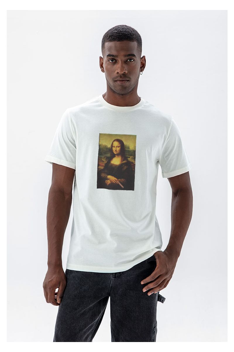Off White Soft Fabric Monalisa with cigar Design Short Sleeve Tee