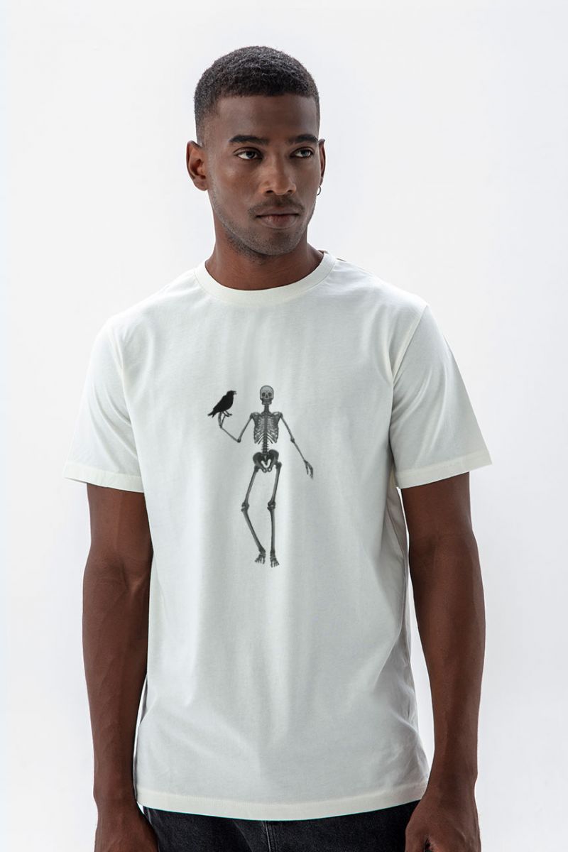 Off White Soft Fabric Skeleton Design Short Sleeve Tee