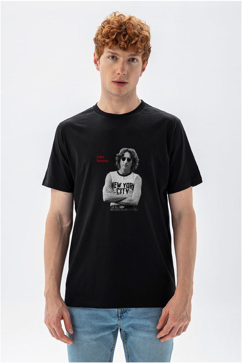 Black Soft Fabric John Lennon Design Short Sleeve Tee