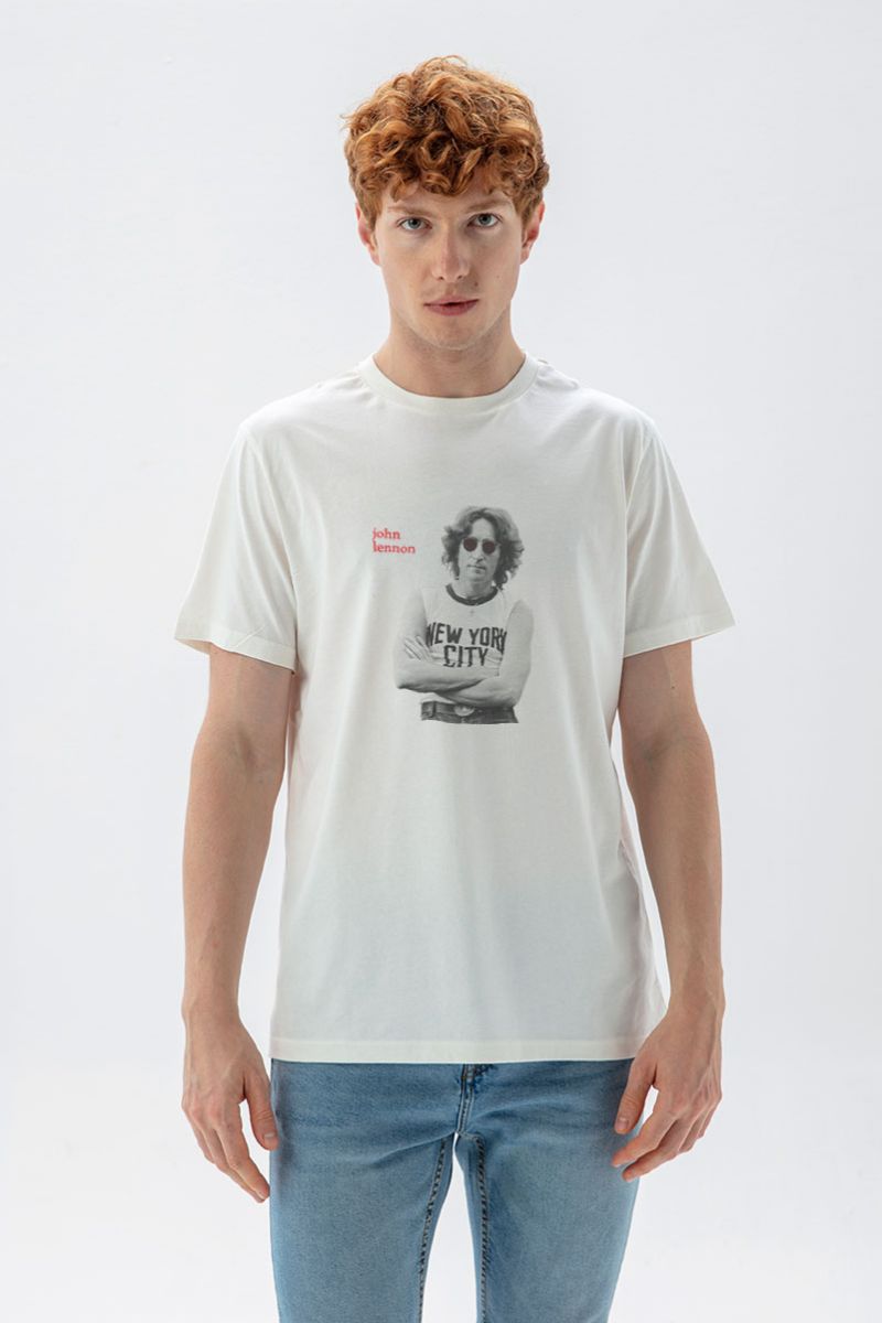 Off White Soft Fabric John Lennon Design Short Sleeve Tee