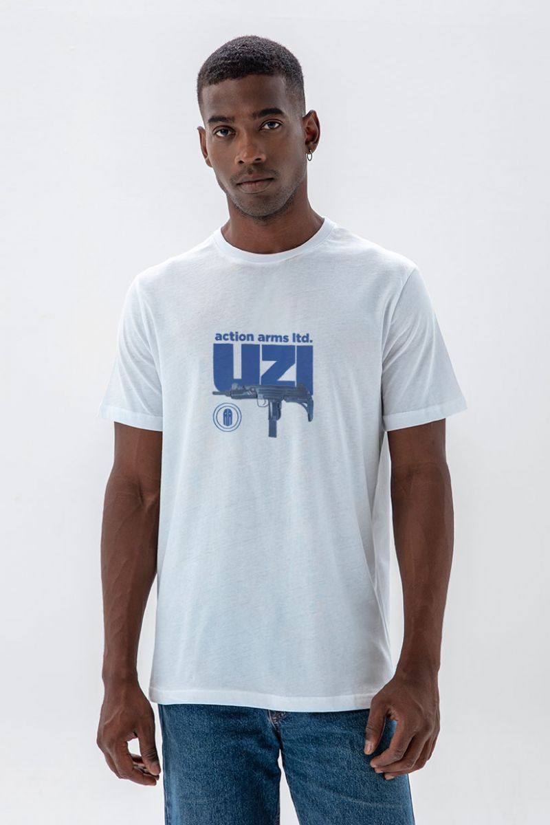 White Soft Fabric uzi Design Short Sleeve Tee