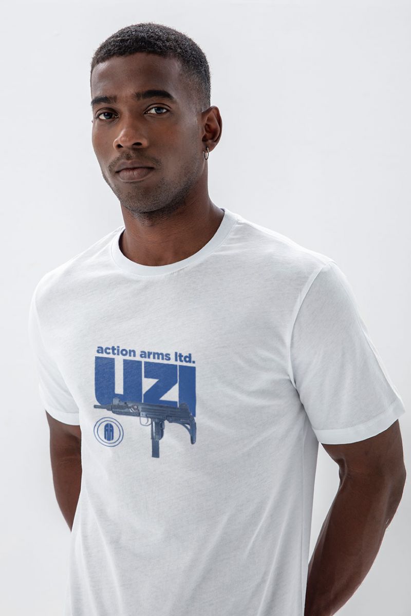White Soft Fabric uzi Design Short Sleeve Tee