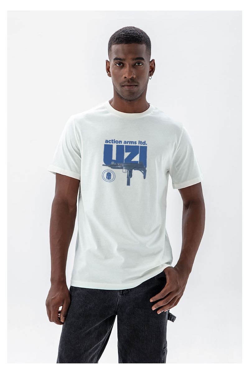Off White Soft Fabric uzi Design Short Sleeve Tee