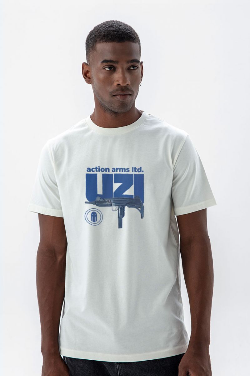 Off White Soft Fabric uzi Design Short Sleeve Tee