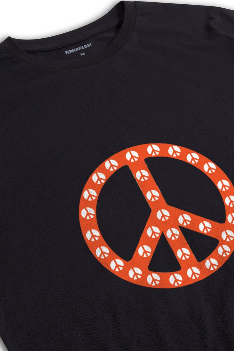 Black Soft Fabric Peace Tee Design Short Sleeve Tee