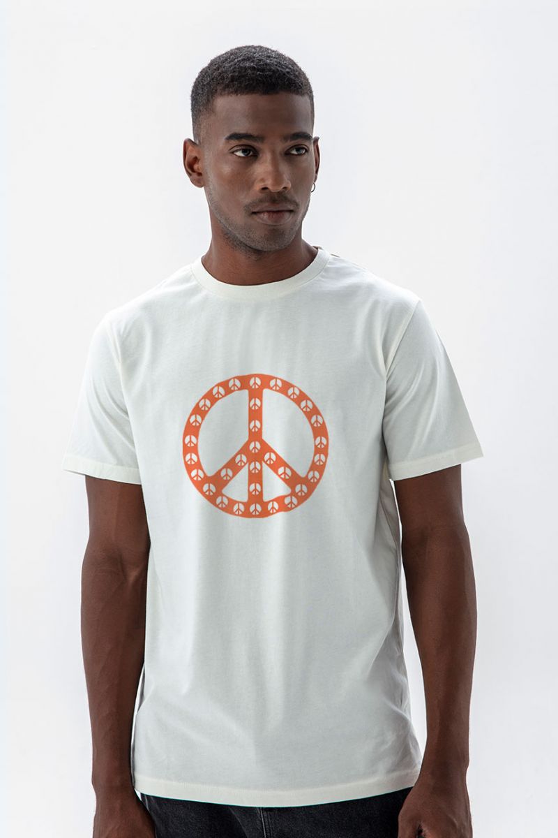 Off White Soft Fabric Peace Tee Design Short Sleeve Tee