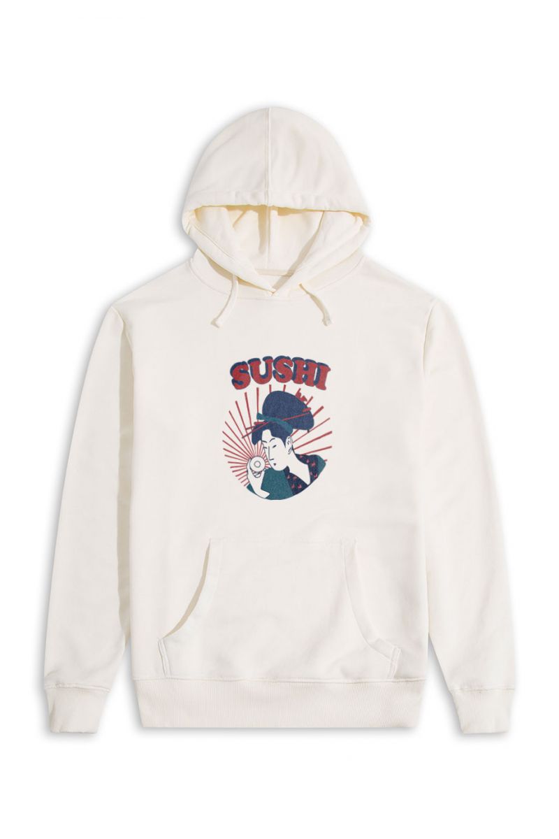 Ecru Premium Cotton sushi Design Pullover Hoodie
