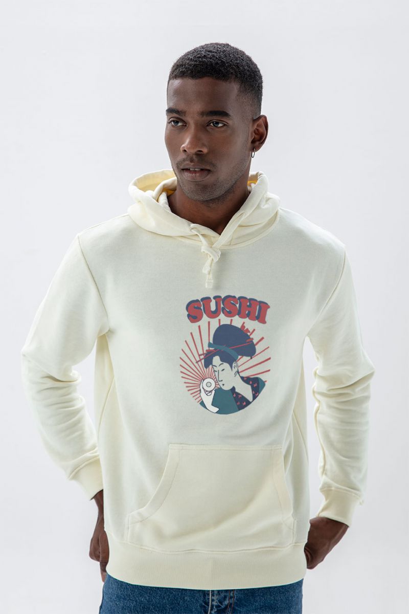 Ecru Premium Cotton sushi Design Pullover Hoodie
