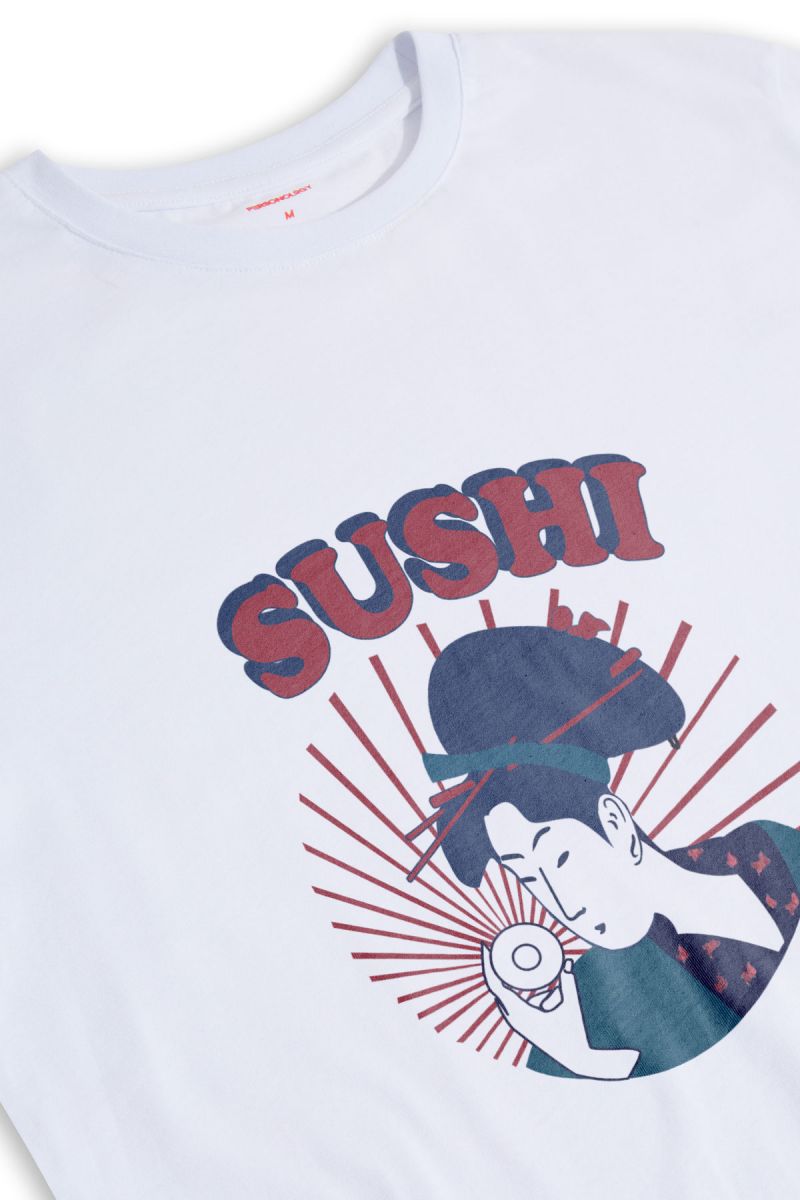 White Soft Fabric sushi Design Short Sleeve Tee