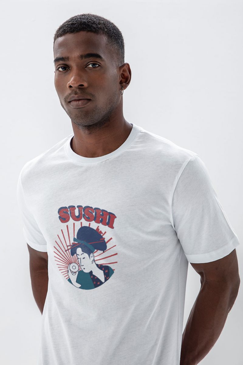 White Soft Fabric sushi Design Short Sleeve Tee