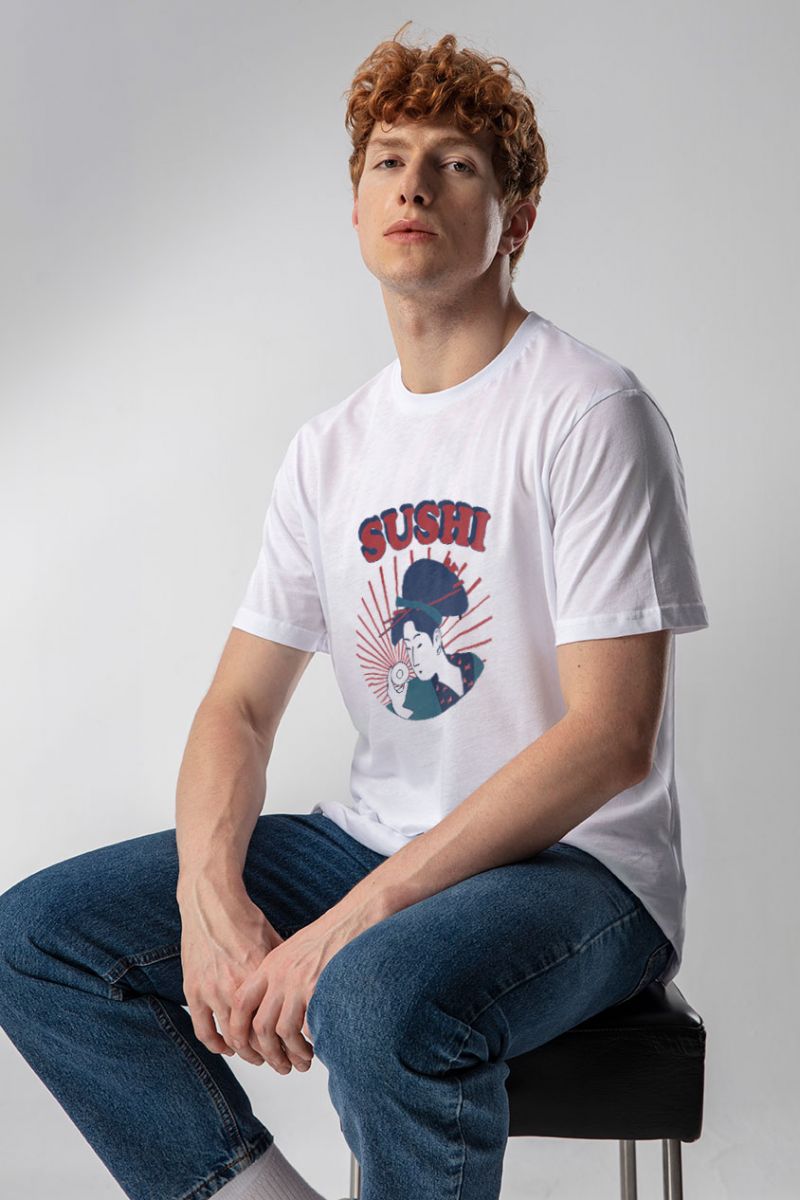 White Soft Fabric sushi Design Short Sleeve Tee