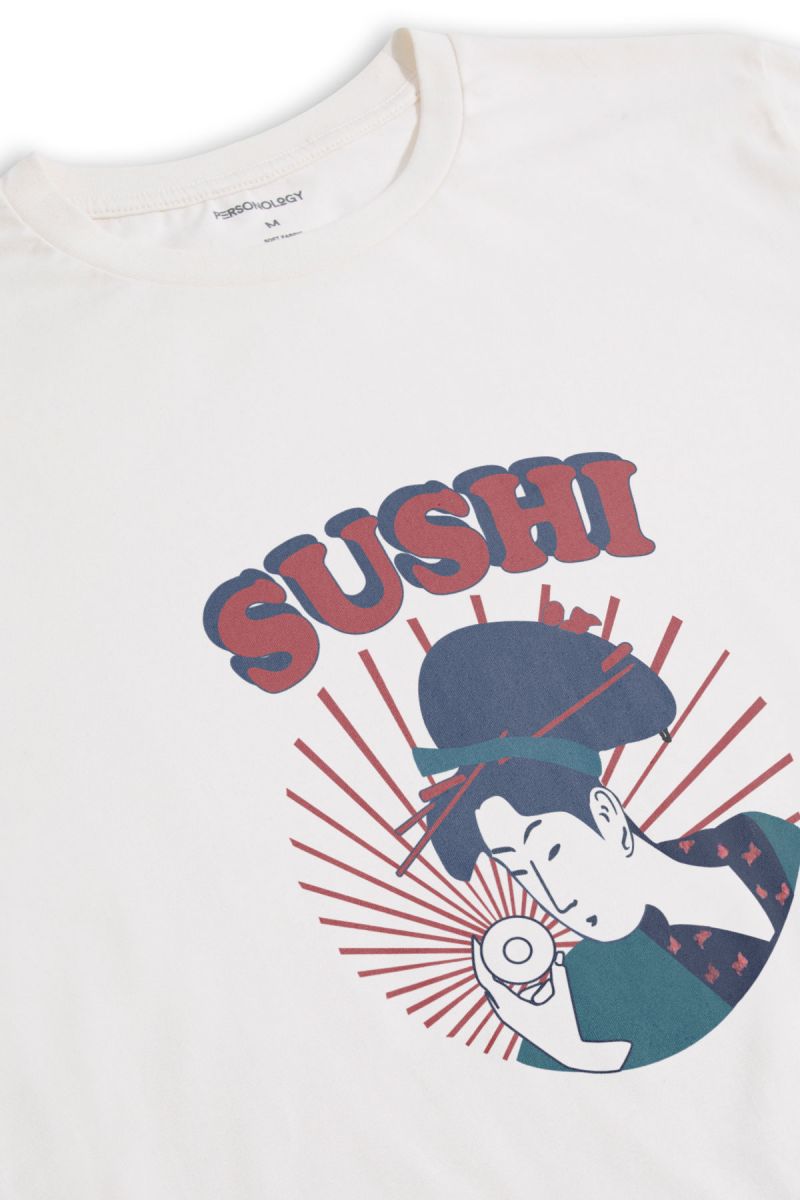 Off White Soft Fabric sushi Design Short Sleeve Tee