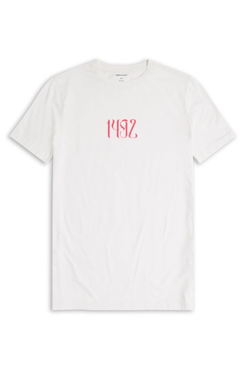 Off White Soft Fabric Columbus Day Design Short Sleeve Tee