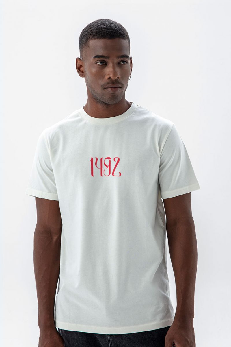 Off White Soft Fabric Columbus Day Design Short Sleeve Tee