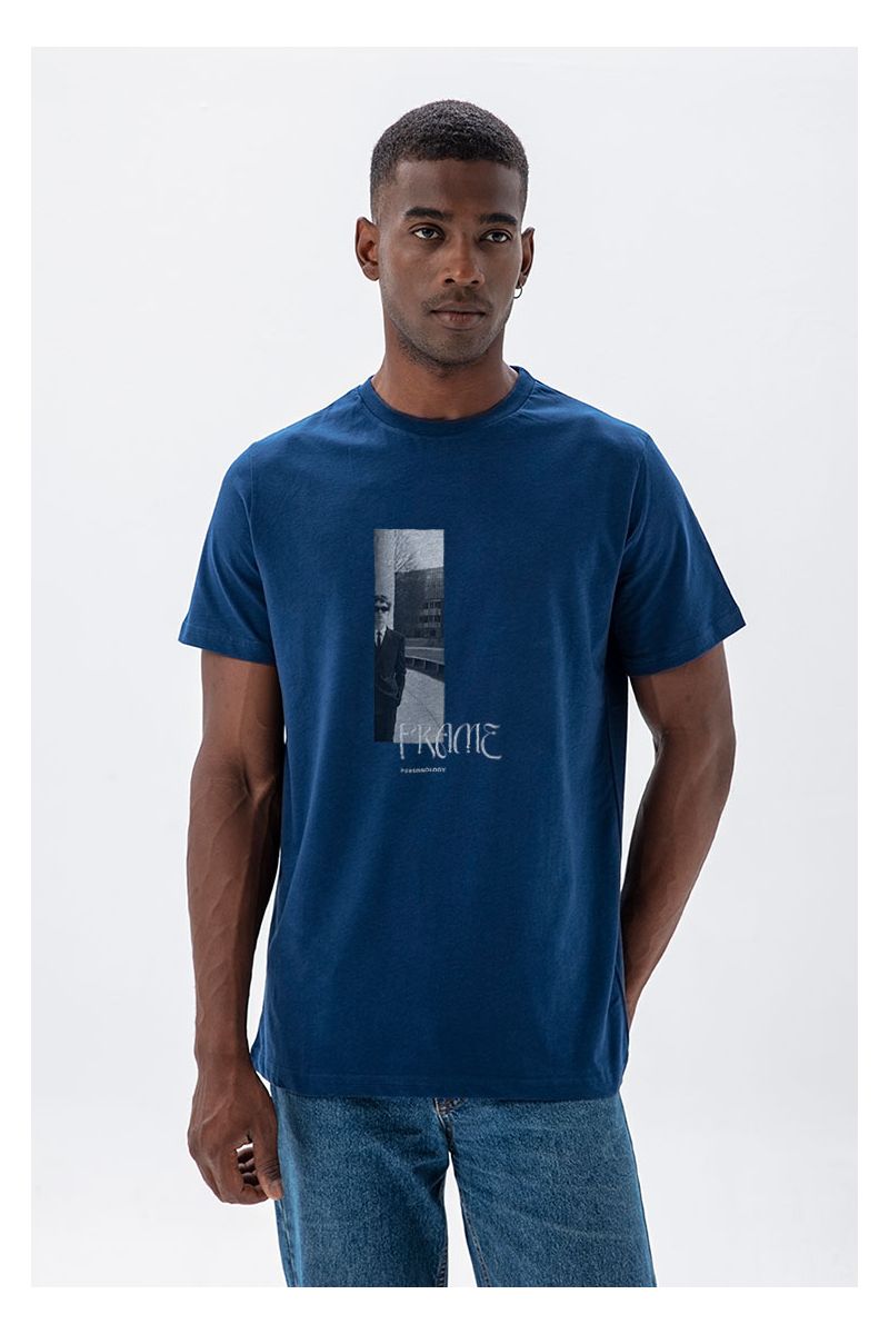 Navy Soft Fabric Frame Design Short Sleeve Tee