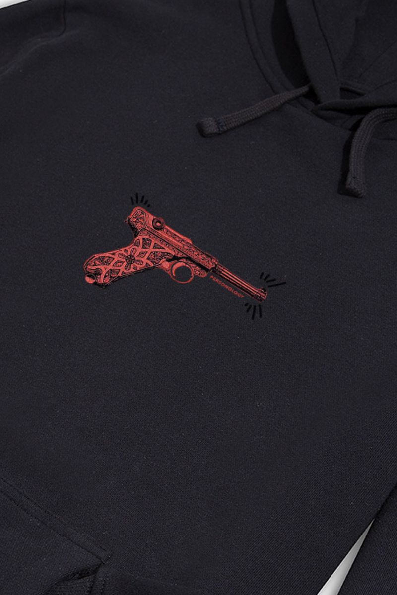Black Premium Cotton GUN Design Pullover Hoodie