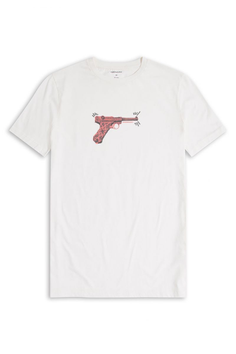 Off White Soft Fabric GUN Design Short Sleeve Tee