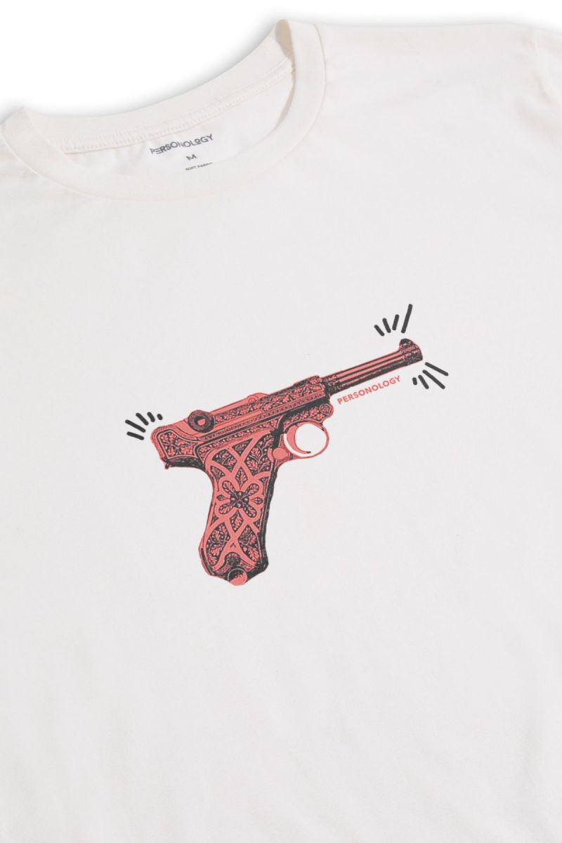 Off White Soft Fabric GUN Design Short Sleeve Tee