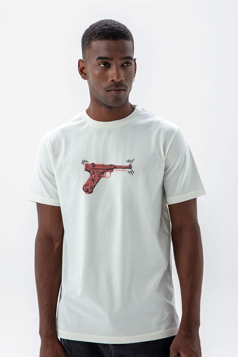Off White Soft Fabric GUN Design Short Sleeve Tee
