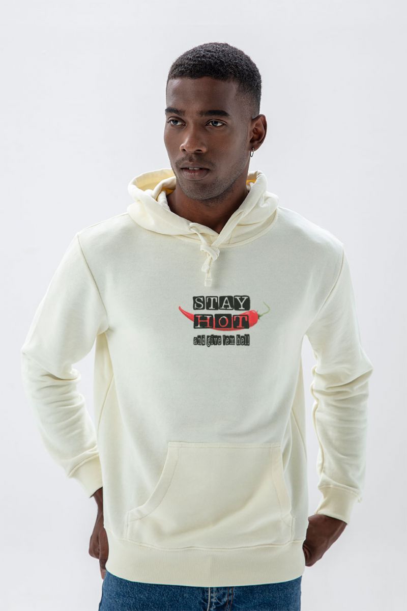Ecru Premium Cotton Stay Hot Design Pullover Hoodie
