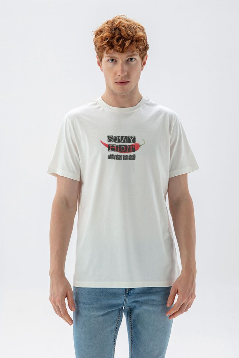 Off White Soft Fabric Stay Hot Design Short Sleeve Tee