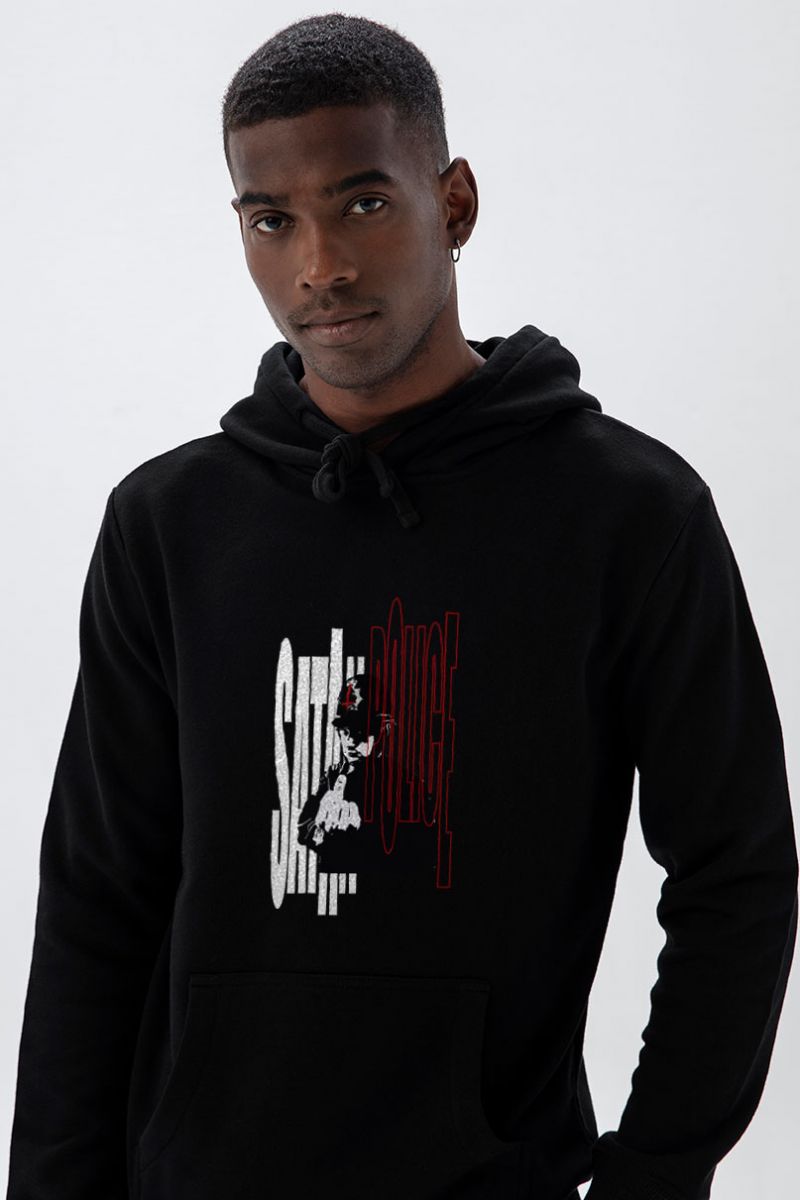 Black Premium Cotton Bribed Design Pullover Hoodie