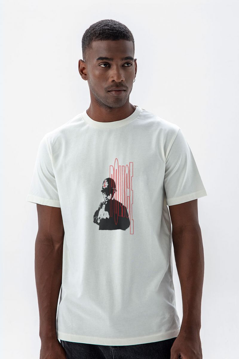 Off White Soft Fabric Bribed Design Short Sleeve Tee