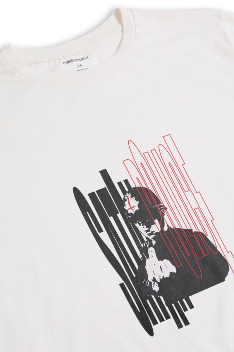 Off White Soft Fabric Bribed Design Short Sleeve Tee